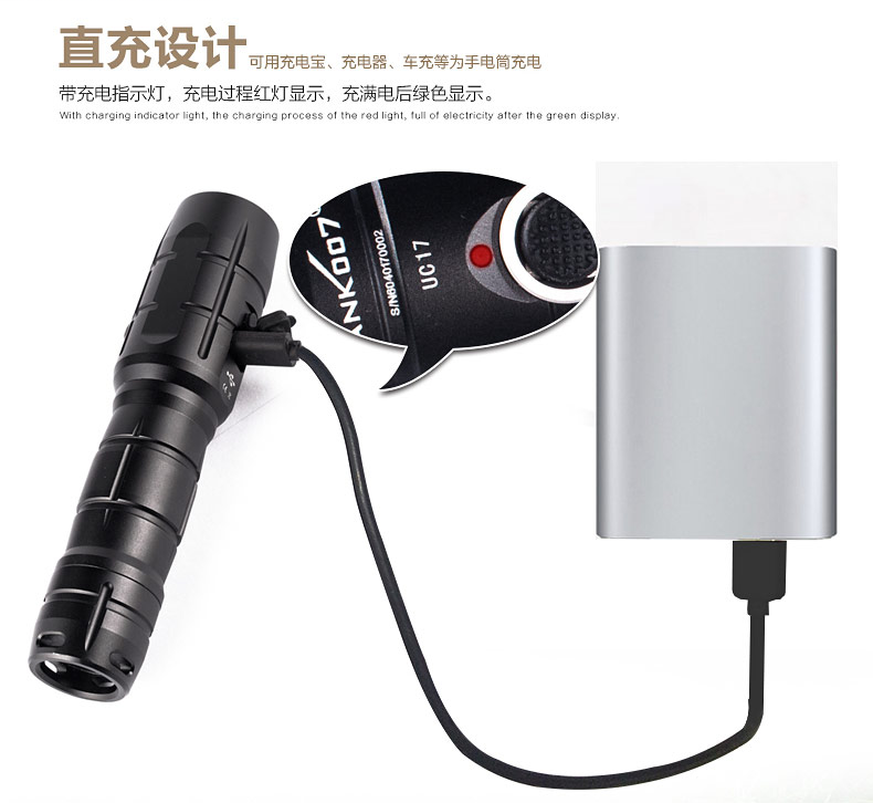 探客（TANK007） UC17大功率LED USB直充手电筒-黑色