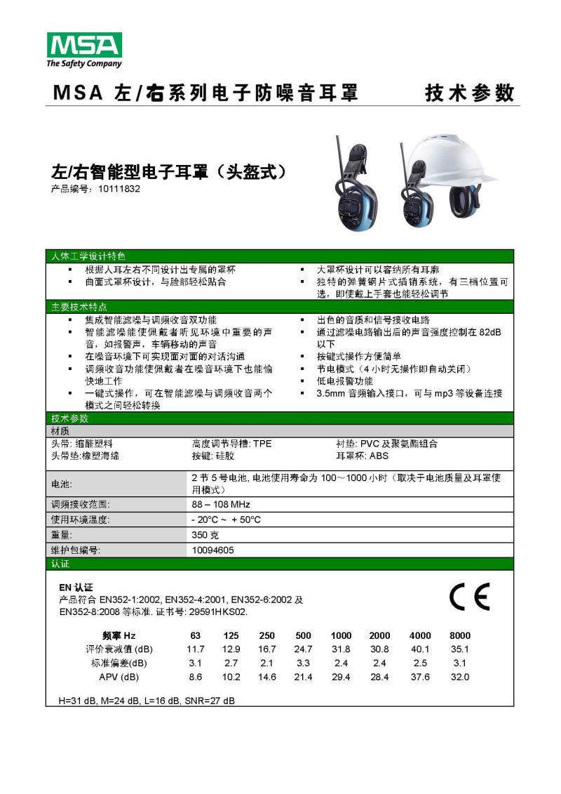 梅思安 10111832 左/右系列多保型电子防噪音耳罩（退市）