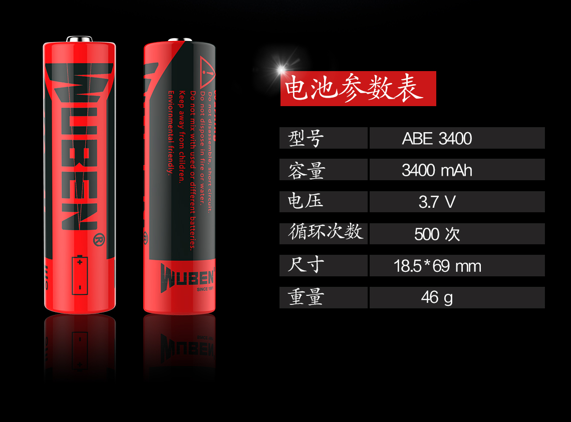 WUBEN务本 ABE-3400毫安-单颗包装 WUBEN务本3400毫安18650锂离子电池