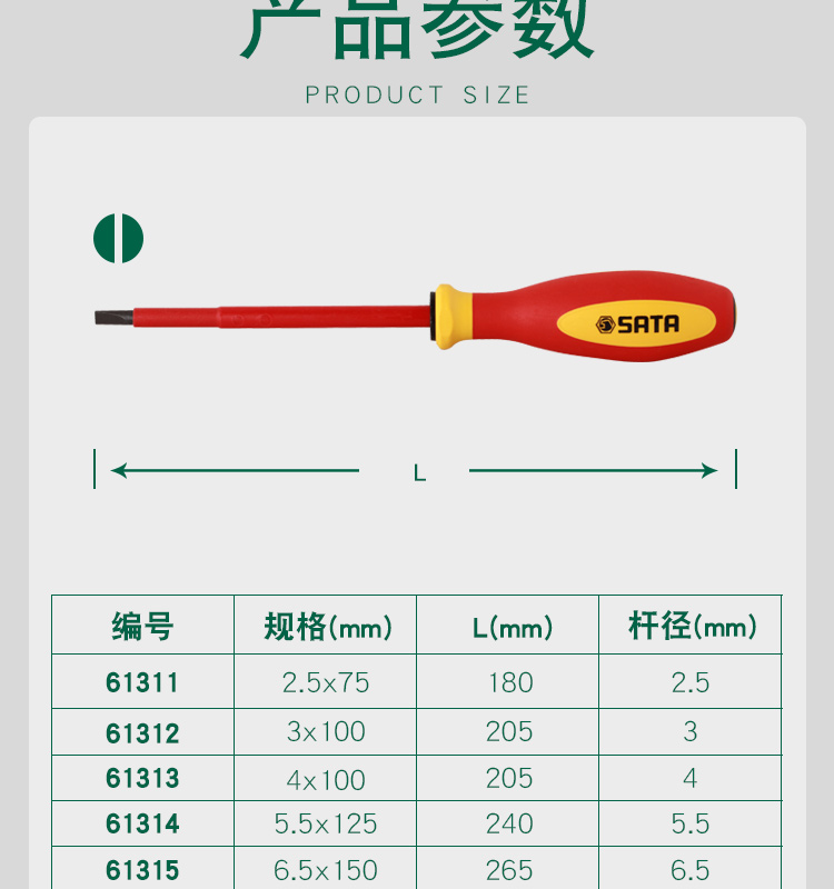 世达 61311 G系列三色柄一字形绝缘螺丝批（2.5MM*75MM）