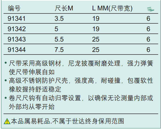 世达91344凯钛系列不锈钢钢卷尺 7.5Mx*25mm