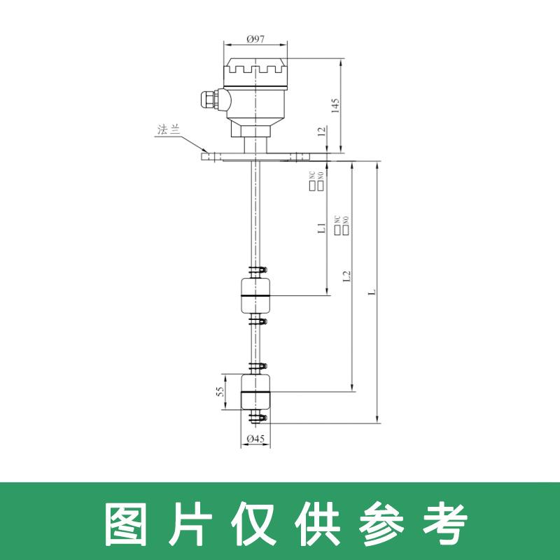 上海思派 机组顶盖液位开关SLH-B-B-2-F-595，-10~125℃，SUS304，螺纹2”PF，L1=310mm，L2=390mm