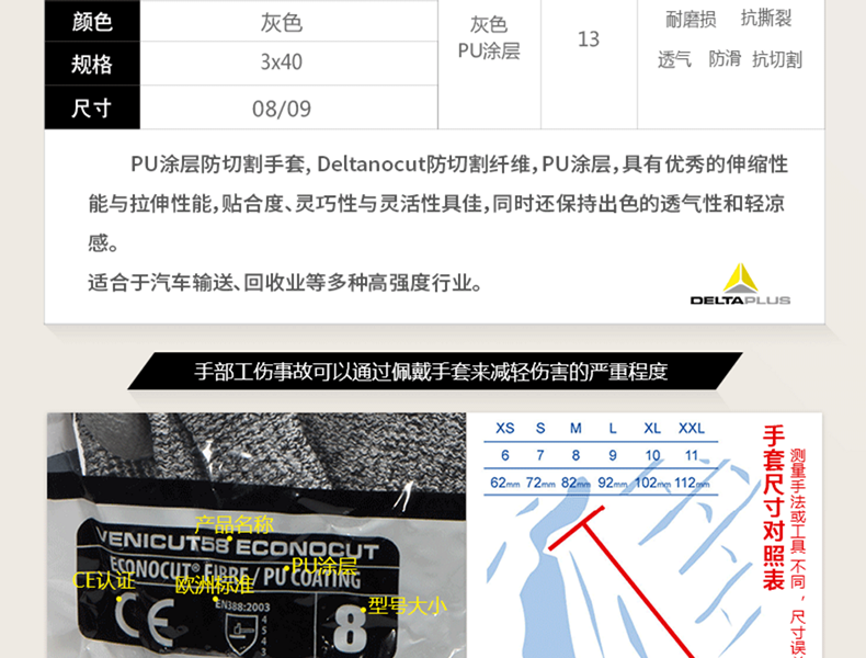 DELTAPLUS/代爾塔202058 D級(jí)PU涂層防割手套經(jīng)濟(jì)三副裝款 VENICUTD08-9