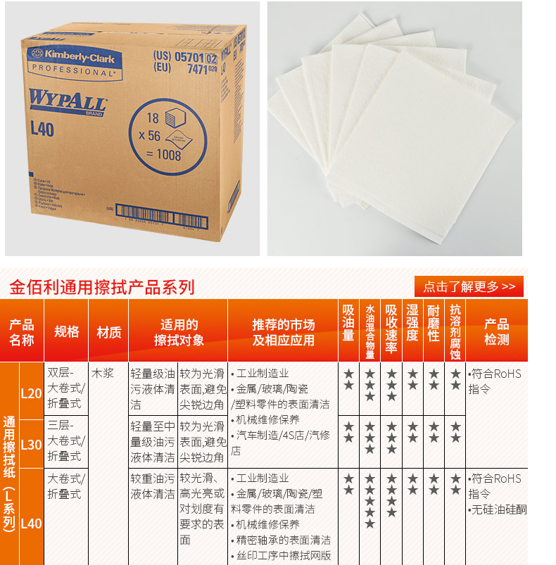 KIMBERLY-CLARK/金佰利 05701 WYPALL* L40 工业擦拭纸（折叠式）