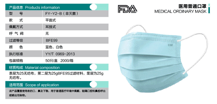 朝美9527医用普通口罩 F-Y2-B 蓝色非灭菌独立包装