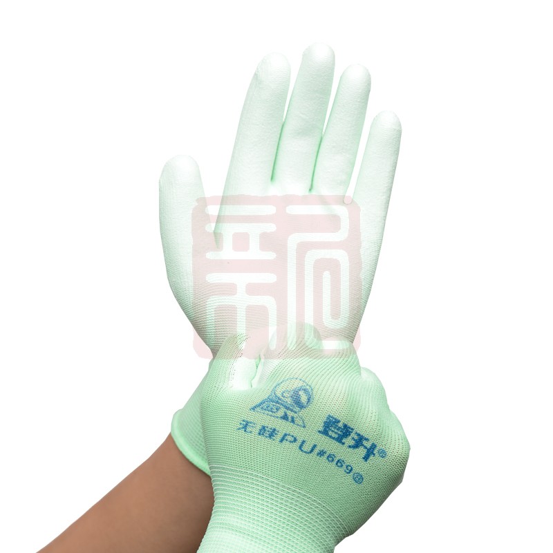 登升669#-13G涤纶PU掌浸光面手套绿色-7