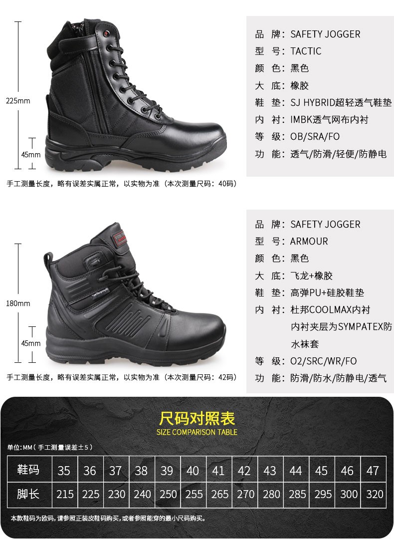 Safety Jogger鞍琸宜 TACTIC OB 200913防滑耐磨透氣作訓鞋高幫黑色-38