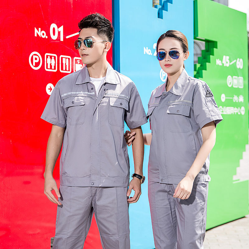 君御JY-防静电S602夏季全工艺涤棉薄款反光条防静电短袖工作服套装灰色