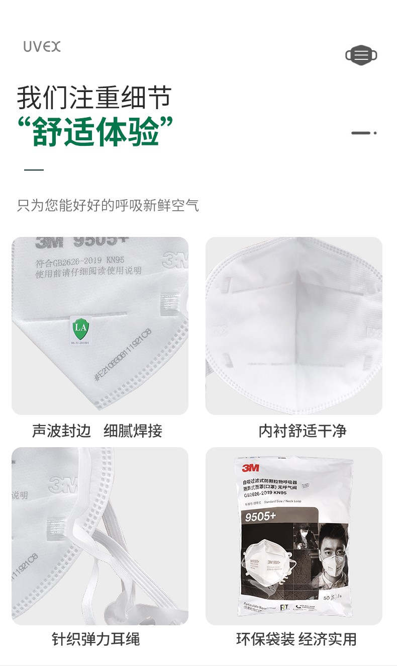 3M 9505+颈带式自吸过滤式防颗粒物 50个/盒 10盒/箱（双片装）