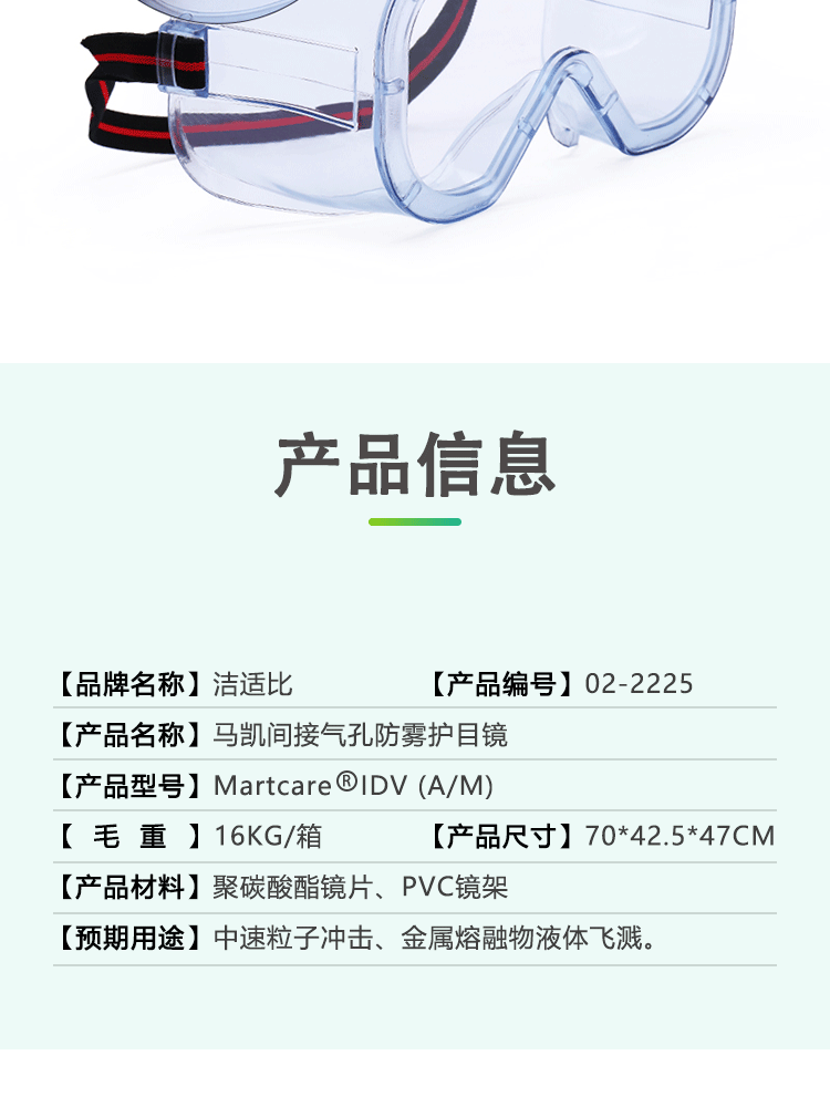 洁适比02-2225 Martcare IDV(A/M) 马凯间接防雾防护眼罩