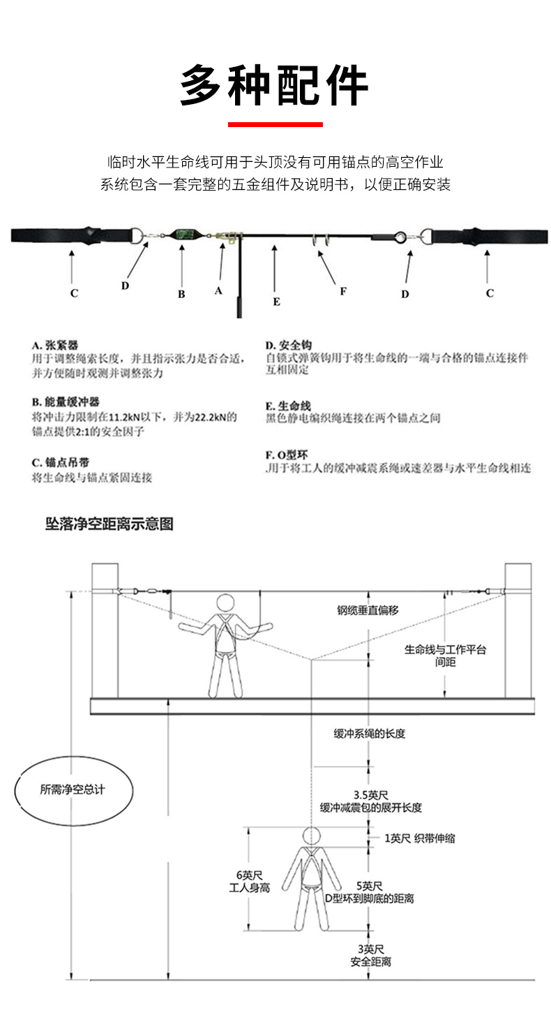 霍尼韦尔HLLR2-L/30FT TechLine临时绳索水平生命线系统 9m