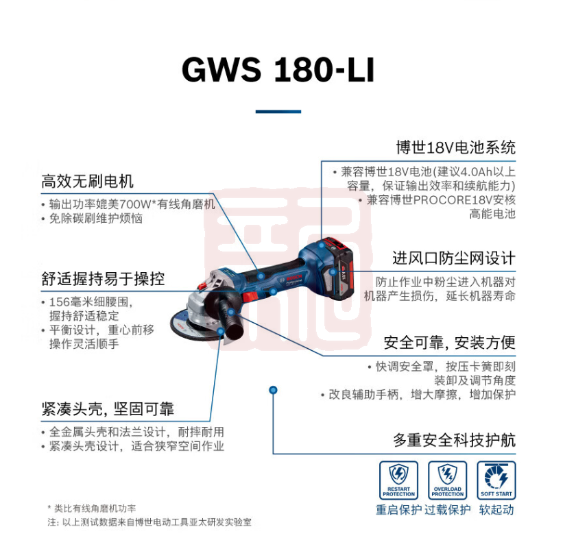 博世 GWS180锂电充电式角磨机 4.0双电 - 博世