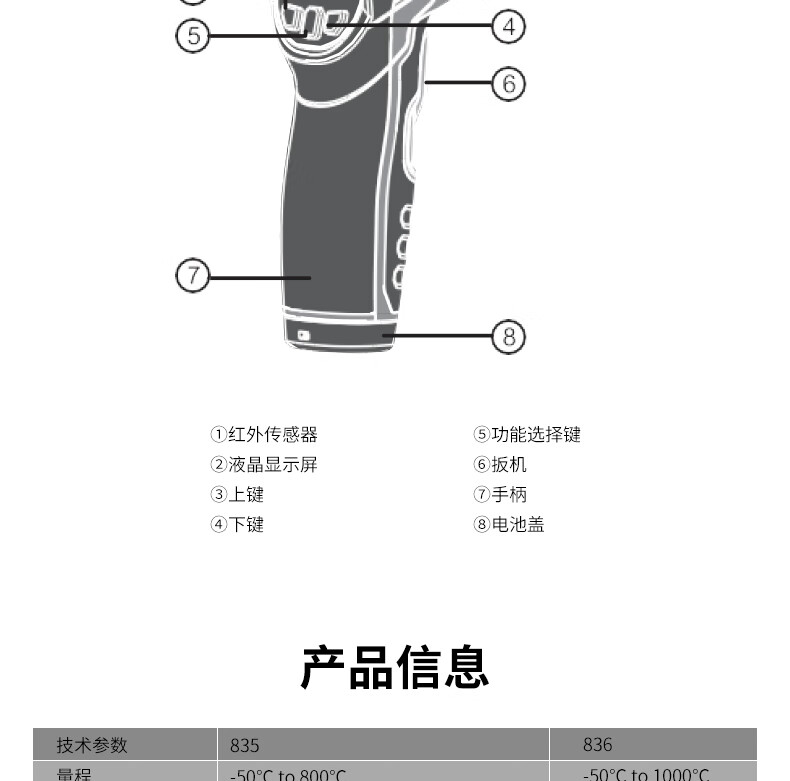 华盛昌 DT-835激光红外线测温仪 -30 °C 至 500 °C（-22 °F 至 932 °F）