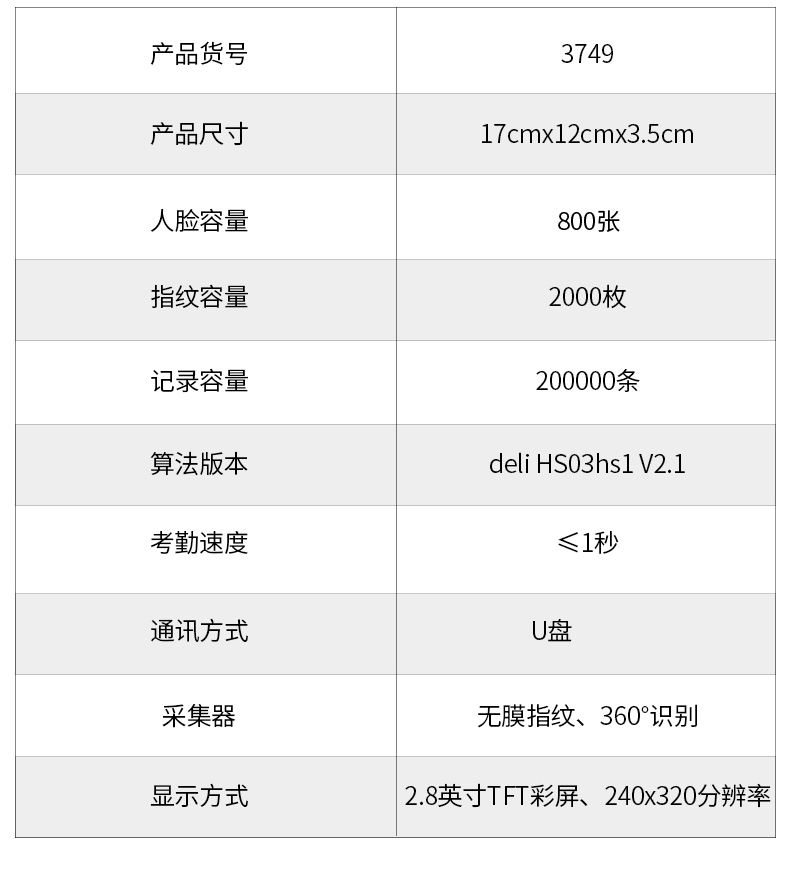 得力 3749 人脸+指纹考勤机 2.8寸彩屏 （单位 台） 金属灰