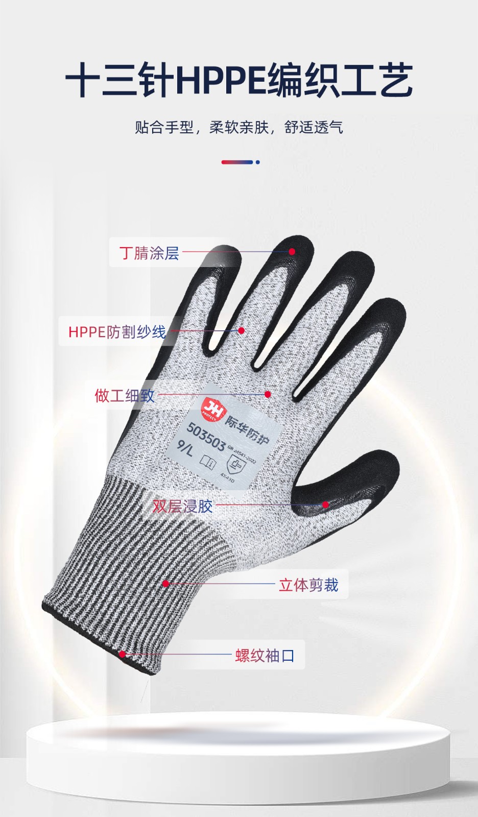 际华防护503503丁腈双浸磨砂防割手套-9/L
