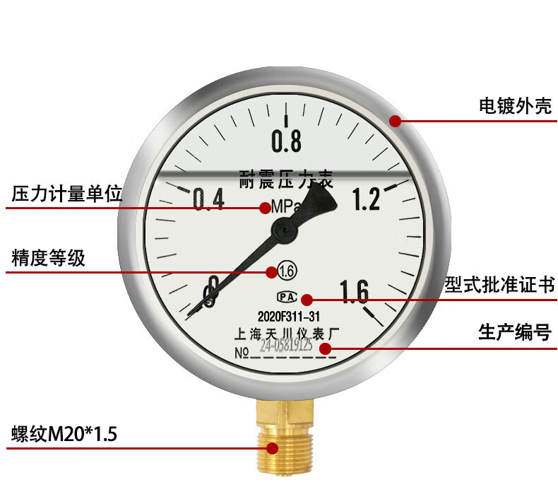 上海天川 YN-100耐震压力表 水压表气压表油液压负压表真空表精度1.6级 -0.1~0MPa真空耐震表 M20*1.5