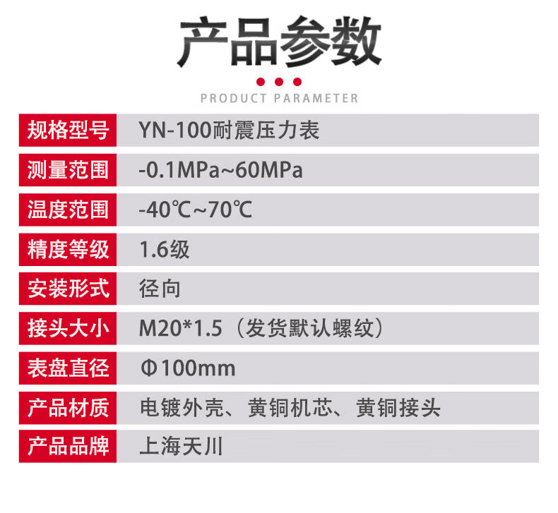 上海天川 YN-100耐震压力表 水压表气压表油液压负压表真空表精度1.6级 -0.1~0MPa真空耐震表 M20*1.5