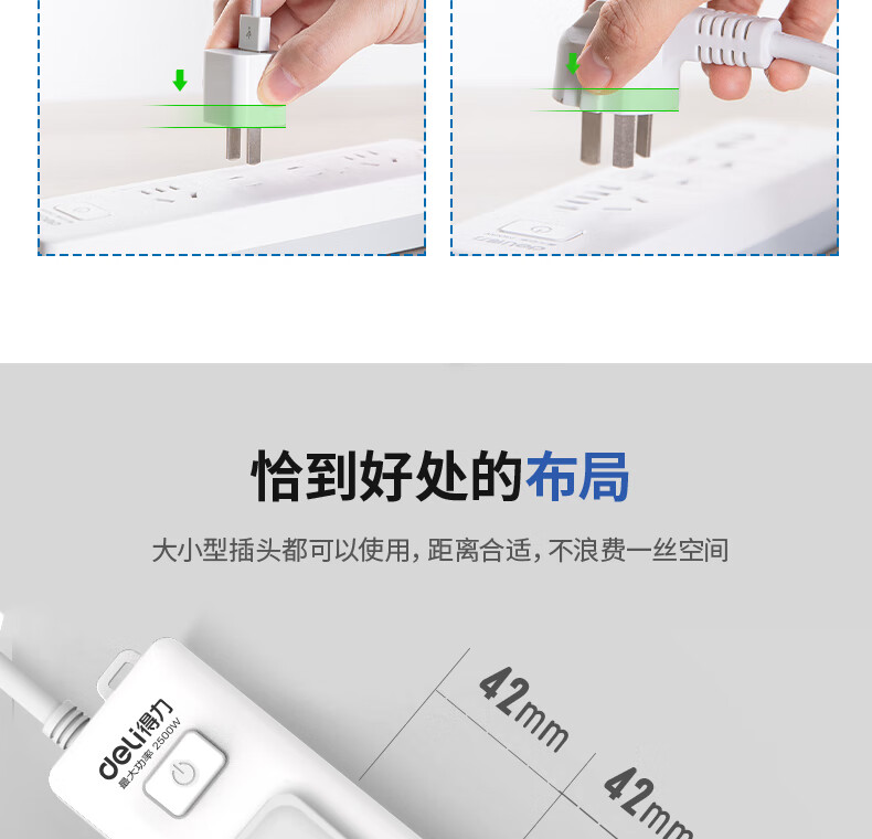 得力 18253(02) 插座4组2米PVC袋装白色(只)-E2/000-2500