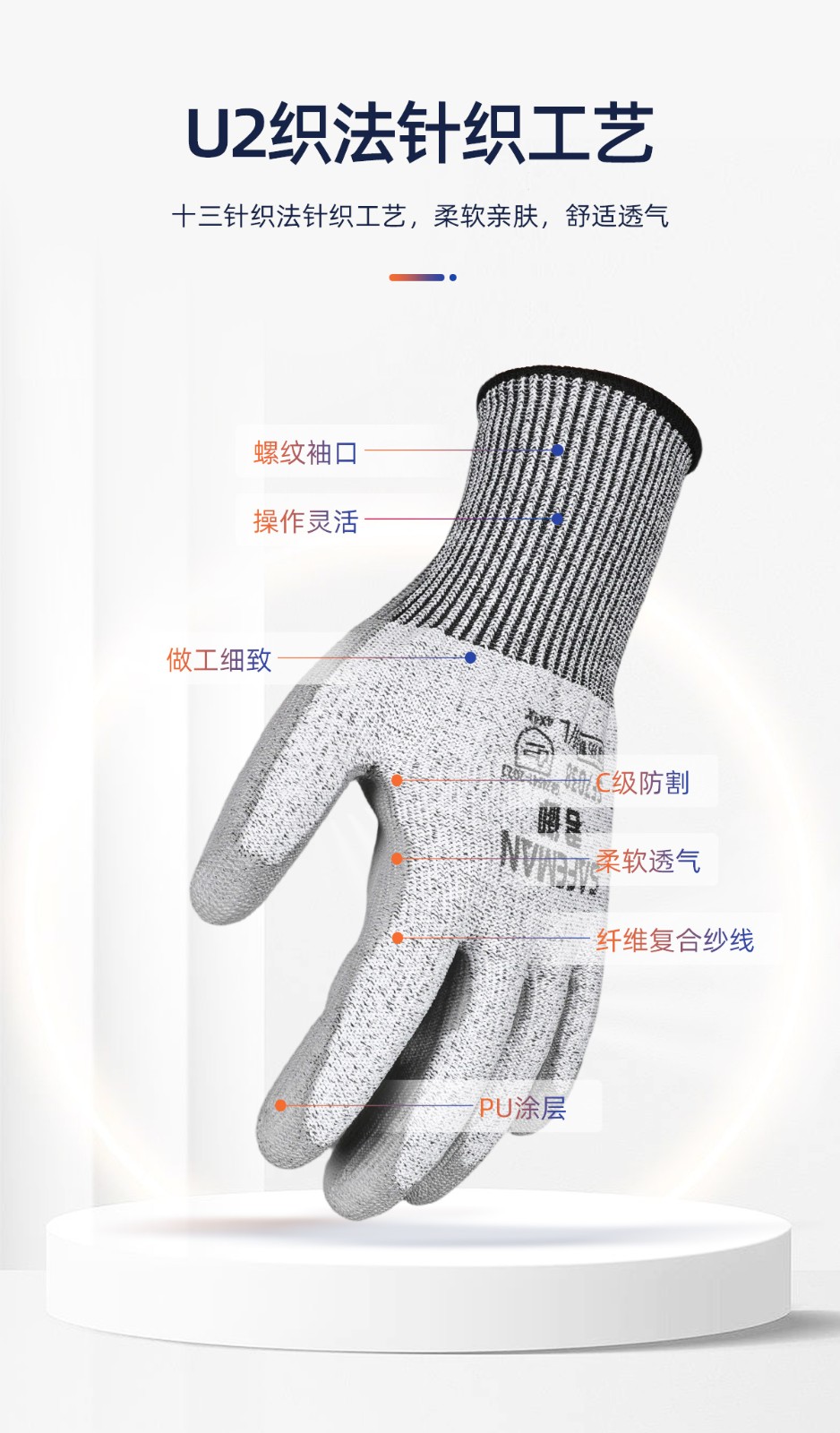 SAFEMAN君御 SF7038 PU涂层C级防割手套（24CM）-均码