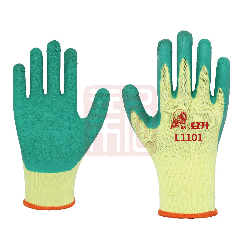 登升 L1101 10针涤棉纱线乳胶皱纹手套(黄沙绿)
