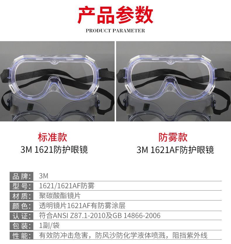 3M 1621AF防霧防化學護目鏡(100付/箱)