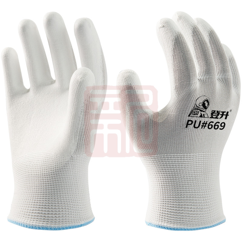 登升669#-13G涤纶PU掌浸光面手套-7 白