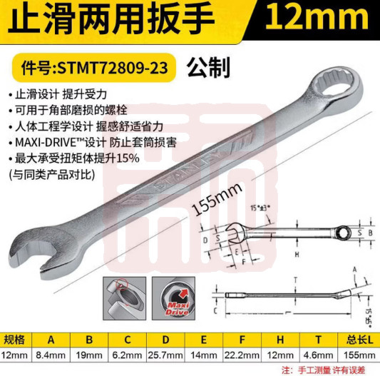 史丹利 STMT72809-23 止滑两用扳手12mm(0574)-个 - 史丹利