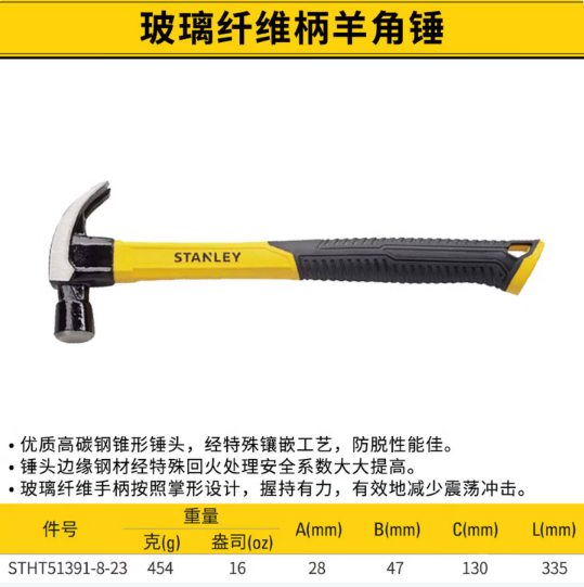 史丹利 STHT51391-8-23  替代51-071-23 Stanley玻璃纤维柄羊角锤16oz(0574)