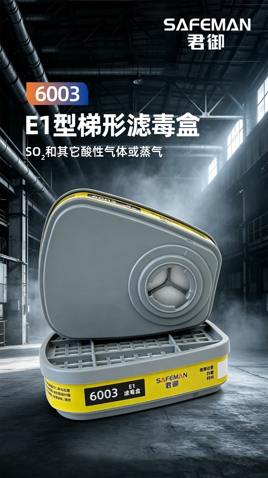 SAFEMAN君御 6003 SO2和其它酸性气体或蒸汽E型滤毒盒（适配BM6500半面罩）