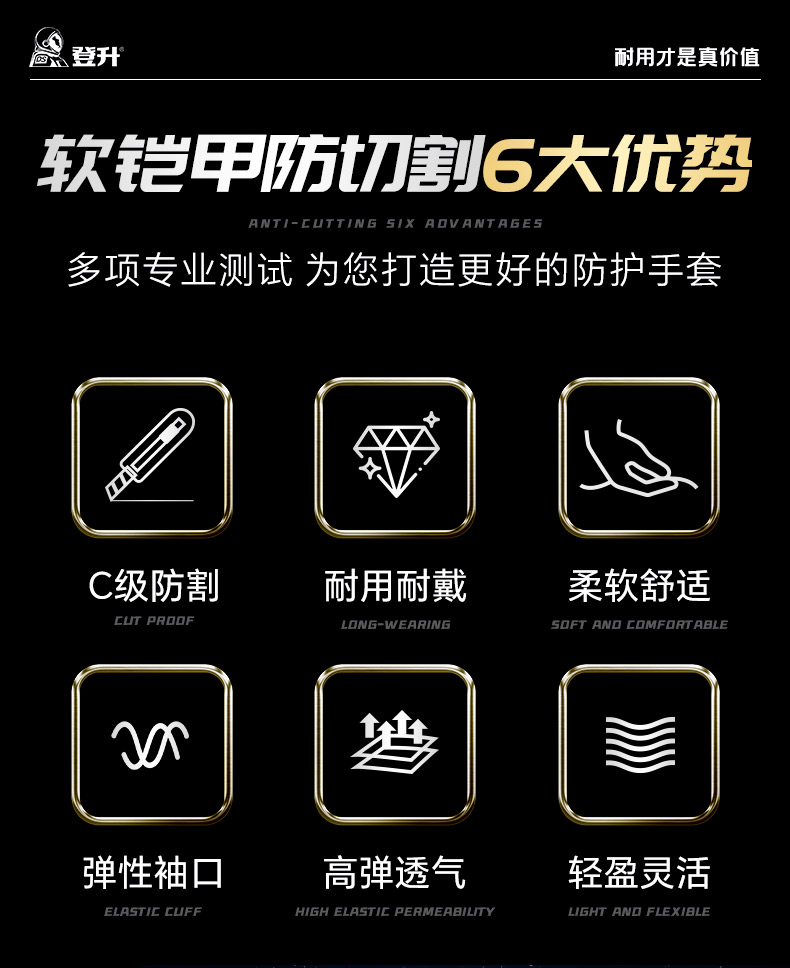 登升 软铠甲 659 13针包覆纱PU涂层5（C）级防割手套-9/L