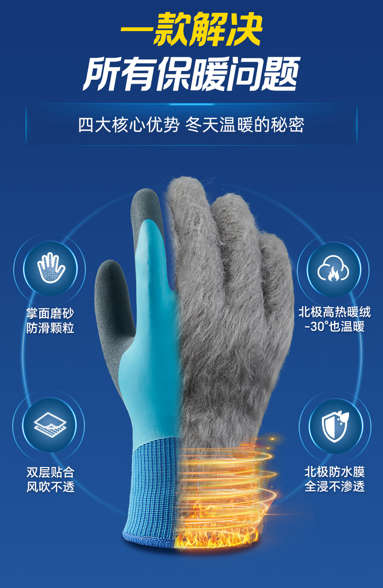 登升 北极狐 303开司米绒耐-30℃防寒保暖手套 蓝色