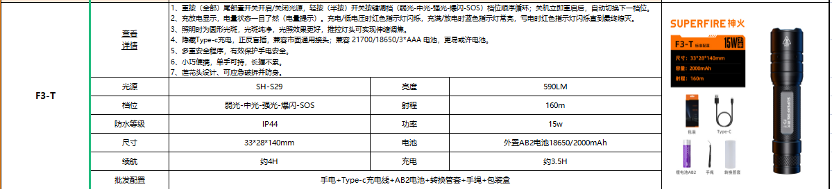 神火 F3-T强光手电筒充电超亮远射户外 15W