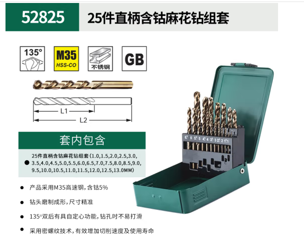 世达工具 52825 25件直柄含钴麻花钻组套-1套