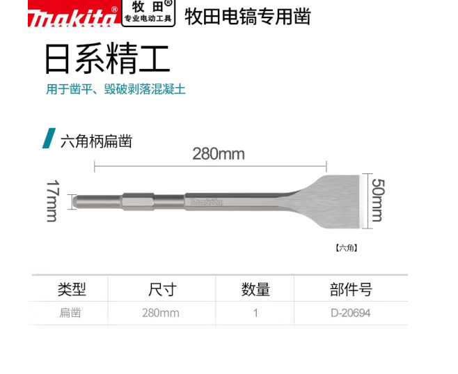 牧田 D-20694 电镐用凿扁铲17x280x50mm宽-个