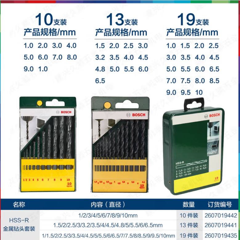 博世 2607019435 金属麻花钻头黑色轧制1.0-10mm/19Pcs绿色-套