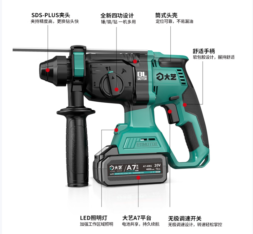 大艺 6609 锂电冲击钻电锤4.0Ah两电一充-个