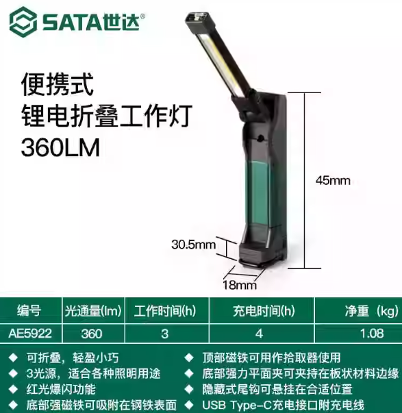 世達工具 AE2922 鋰電折疊工作燈-鋰電池