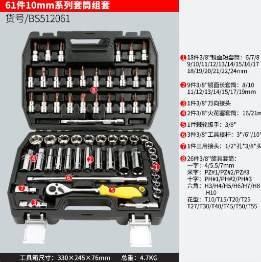 波斯工具 BS512061 61件10mm系列套筒组套-套
