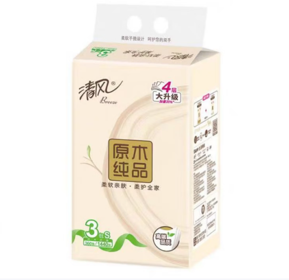清风 BR34SC 原木纯品抽取式卫生纸式面巾纸加厚120抽3包/提-4层