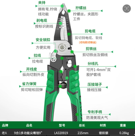 老A LA320919 9合1多功能尖嘴钳-9寸