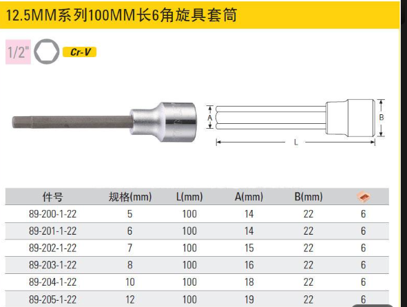 史丹利 89-200-1-22 12.5MM系列100mm长6角旋具套筒-5mm