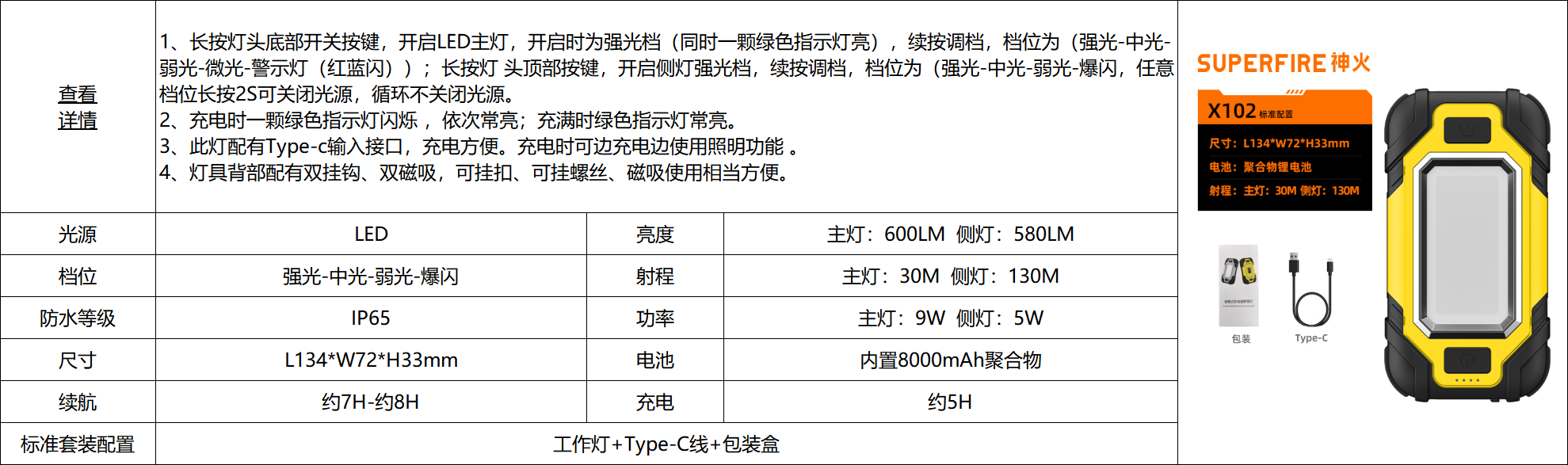 神火 X102 磁吸灯-黄色