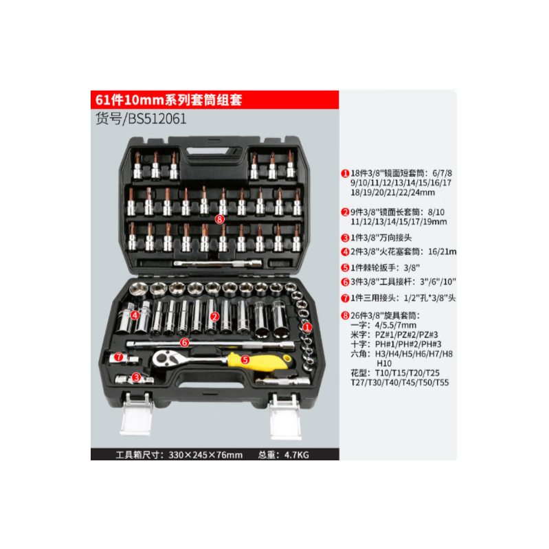 波斯工具 BS512061 61件10mm系列套筒组套