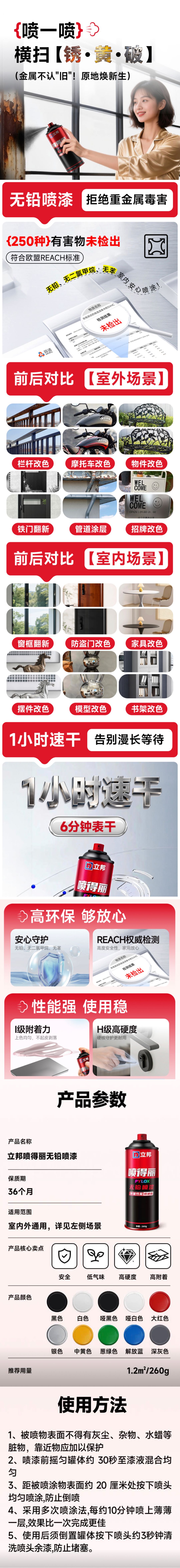 立邦 立邦喷得丽无铅自喷漆 大红色 工业金属防锈防腐漆 汽车轮毂改色划痕修复 420ml 大红色-大红色