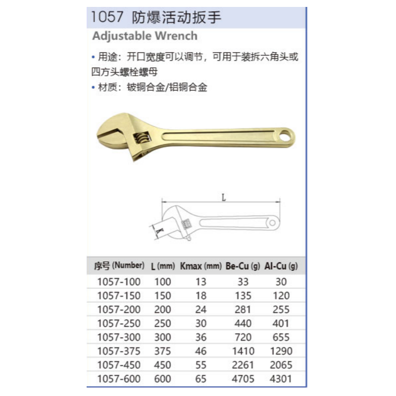 渤防 1057-150 防爆活动扳手（铝青铜）-150mm