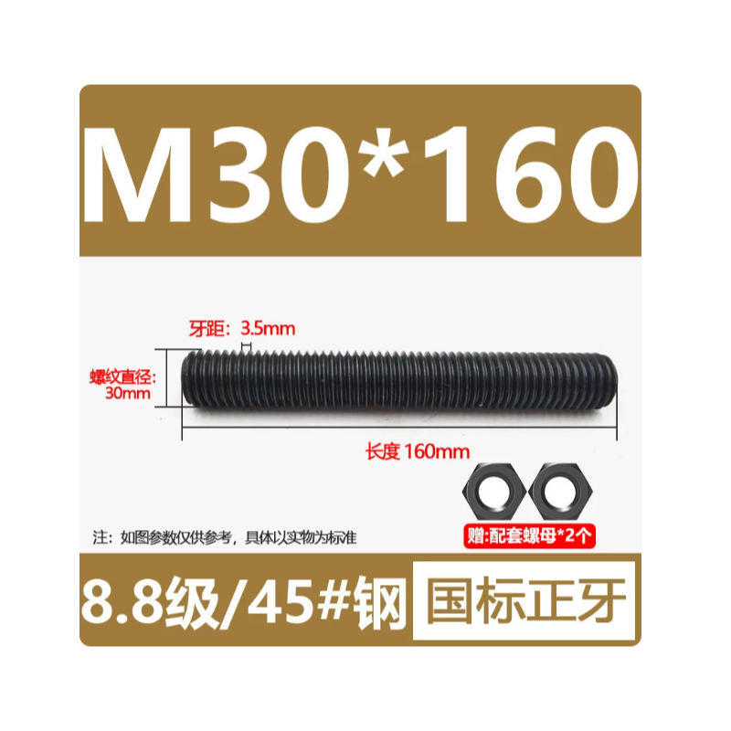 丝固 8.8级钢全螺纹螺 M30*160（1套）带螺母