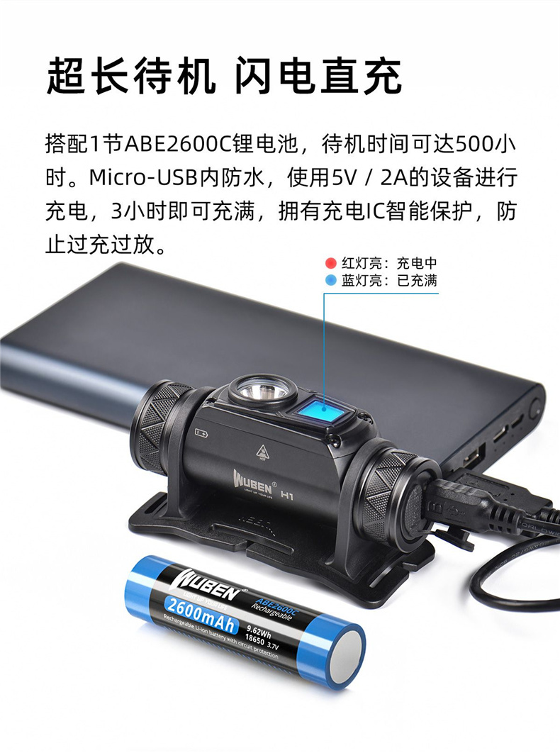 务本（WUBEN）H1头灯USB充电防水-黑色