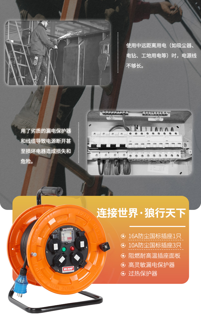 野狼YL-S33FS-0450带漏电带过热过载保护移动电缆盘 2*2.5 -50米