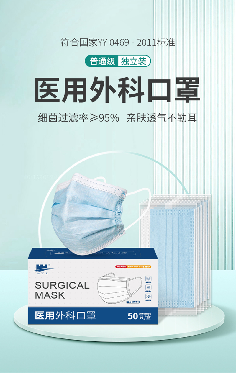 仙万里 WLM2002S 耳挂式非灭菌医用外科口罩 蓝色 单只独立装 1只/袋 50袋/盒-均码