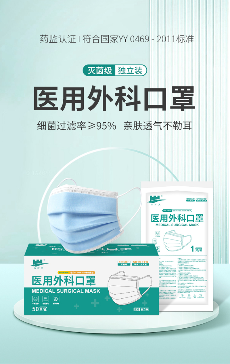 仙万里 WLM2002S 耳挂式医用外科口罩(灭菌级) 蓝色 纸塑袋独立装 1只/袋 50袋/盒-耳戴式